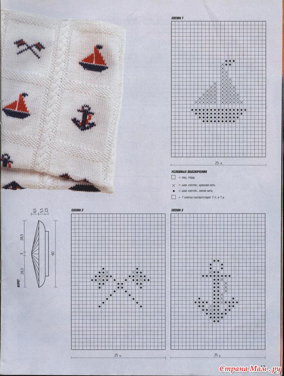 Вышивка корабликов на вязаной детской кофточке