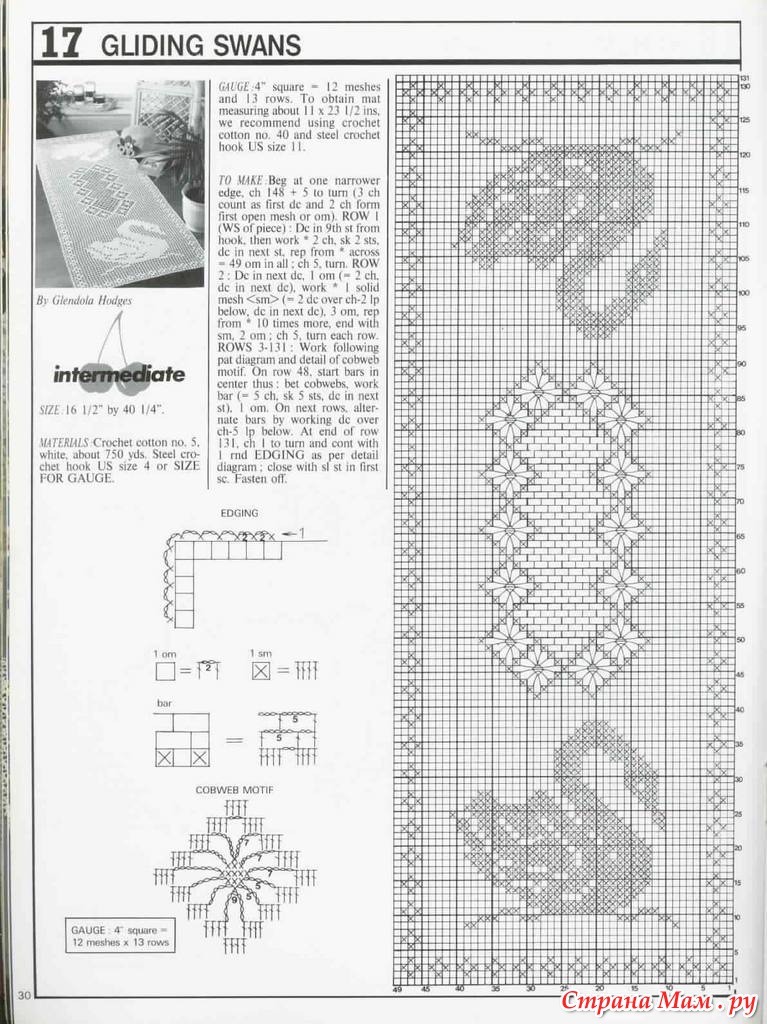 Вязание салфетки с лебедями крючком со схемами и описанием