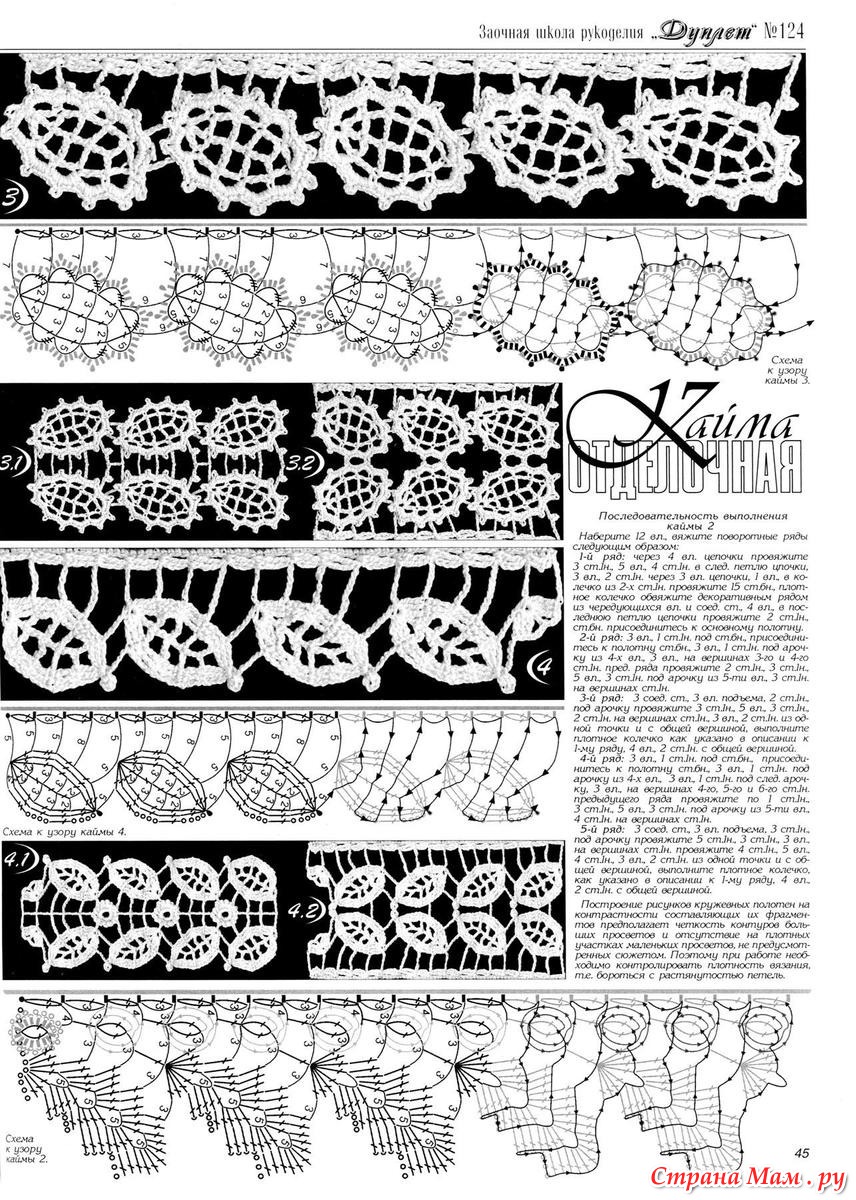 Вязание кружева схемы. Кайма листочки крючком схема. Схемы вязания кружева крючком кайма. Дуплет кайма крючком схемы. Широкая кайма крючком Дуплет.