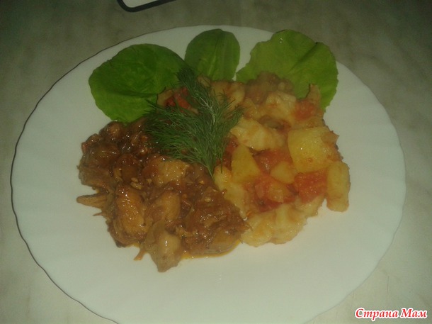 Курочка с овощами, гарнир- галушки. Бабушкин рецепт