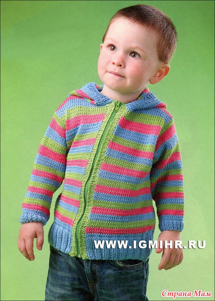 Полосатый жакет с капюшоном, для мальчика 2-3 лет. Спицы