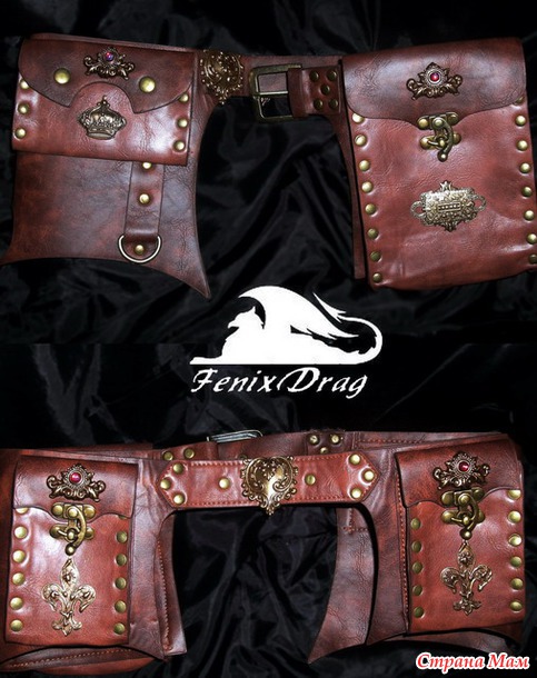 Стильная и модная женская сумка - пояс (поясная) с "карманами" кожаная / из кожи коричневая Стимпанк / Steampunk