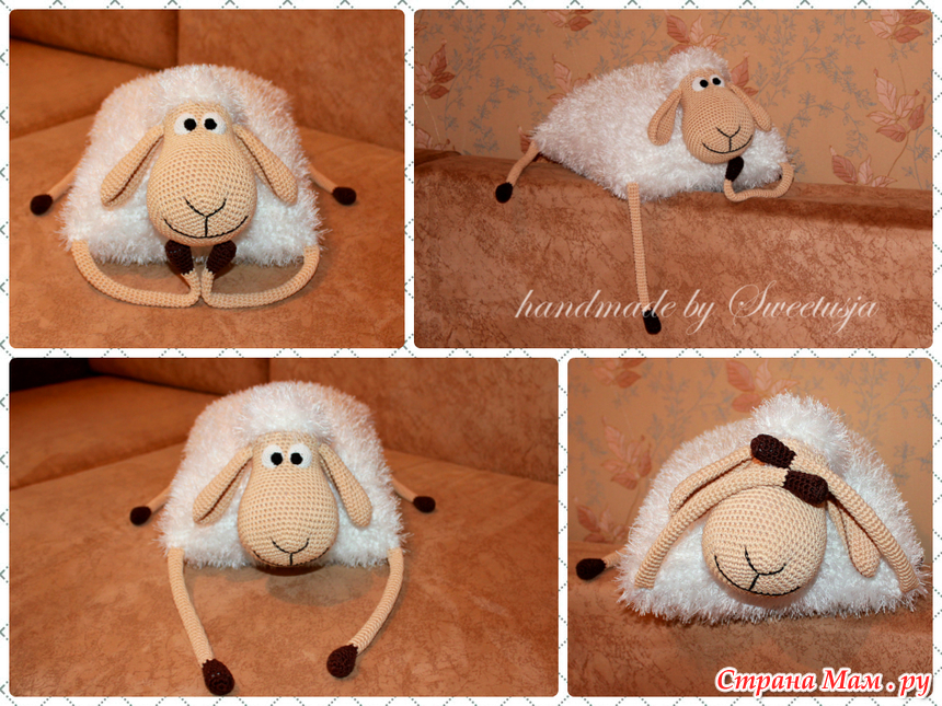 Подробное описание вязания спицами подушки овечки: