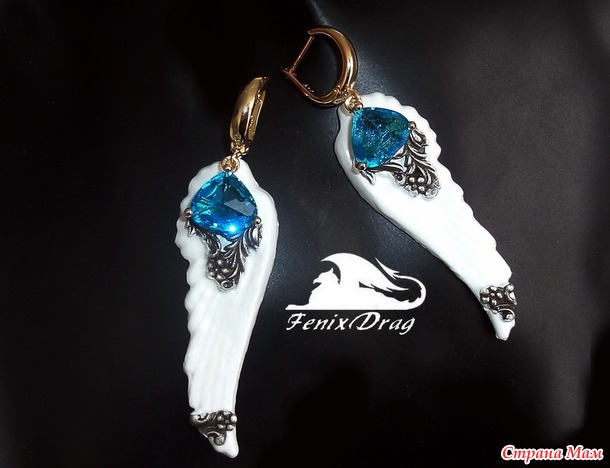 Длинные серьги "Белые крылья ангела" с ювелирными голубыми вставками "сапфир" в Винтаж, Стимпанк стилях ручной работы