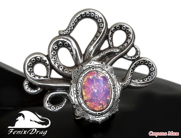 Кольцо / перстень "Калипсо" осьминог, искусственный опал, в стиле Стиманк, Винтаж по мотивам "Пираты Карибского моря"