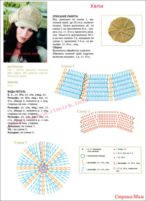 Кепка женская с козырьком летняя крючком схема и описание