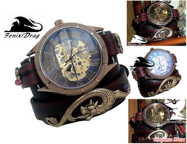 Широкий кожаный браслет с механическими часами с мифическим волком в стиле Стимпанк / Steampunk
