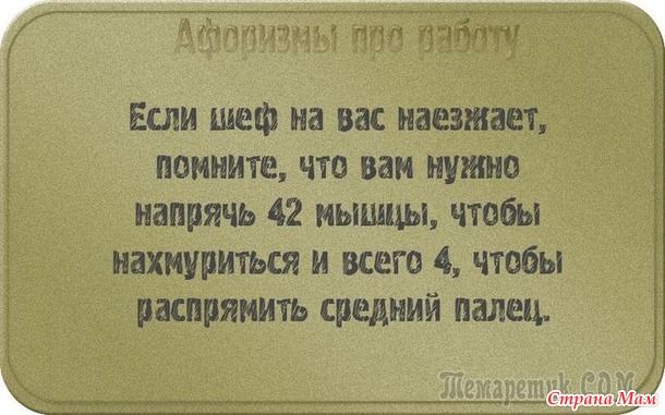 У двери лежит широкий коврик, на нем надпись: «Представьте, что я ваш начальник!». Чуть подошвы не стёр! Уходя домой с работы я изо всех сил стараюсь не бежать