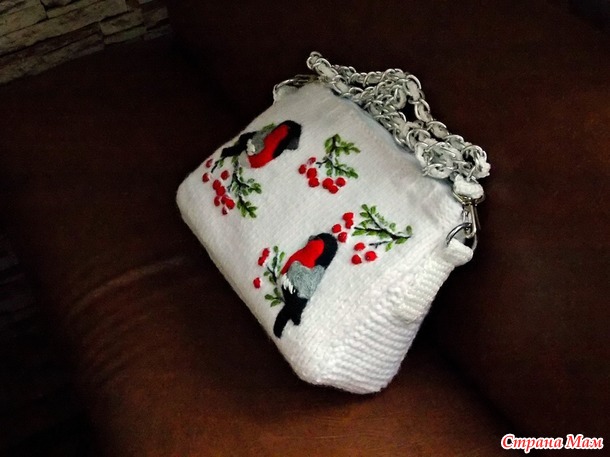 Сумка "Снегири" спицами