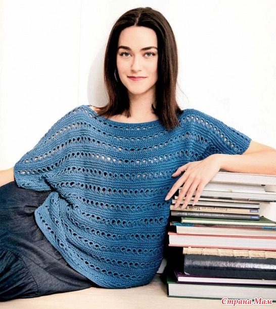 Цельнокроенная футболка узором из спущенных петель. Спицы.