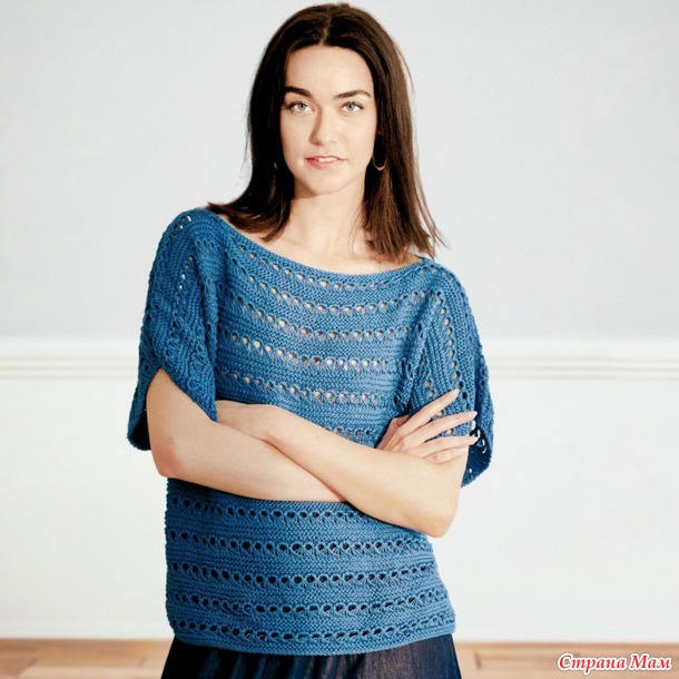 Цельнокроенная футболка узором из спущенных петель. Спицы.
